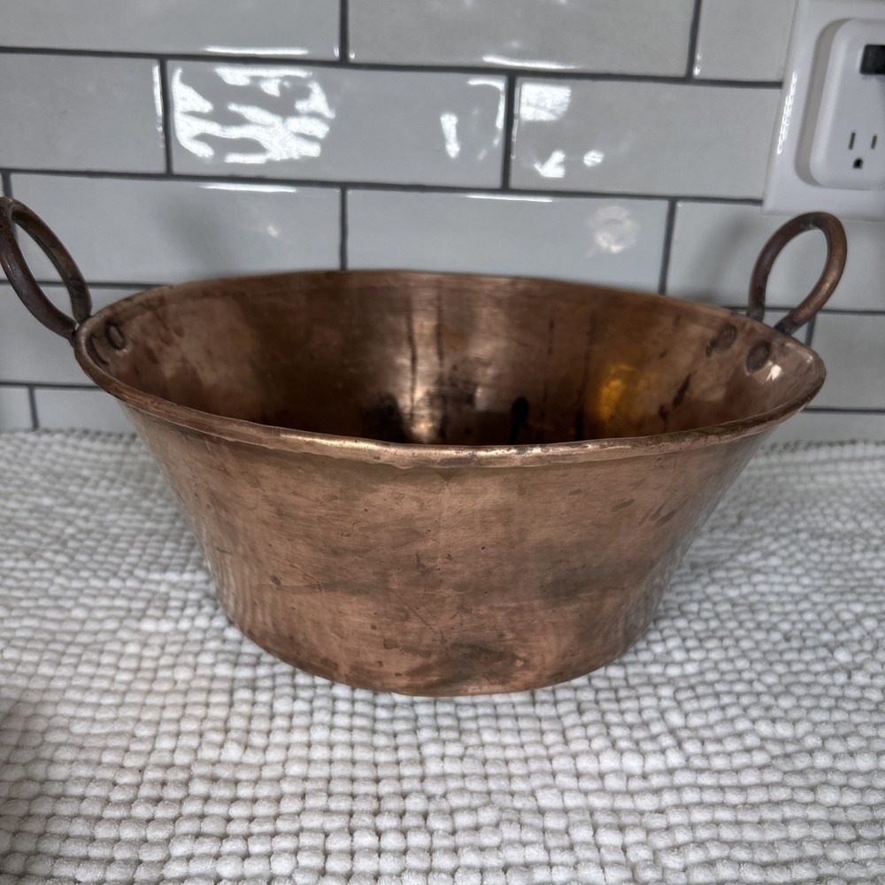 Vtg  Antique Hand Crafted Copper Jam Jelly Pot Riveted Handles Rolled Rim